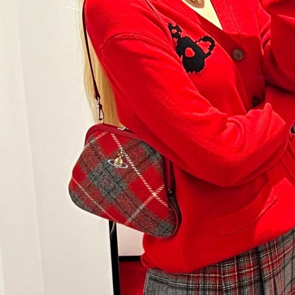 Vivienne Westwood red and grey tweed tartan clutch bag